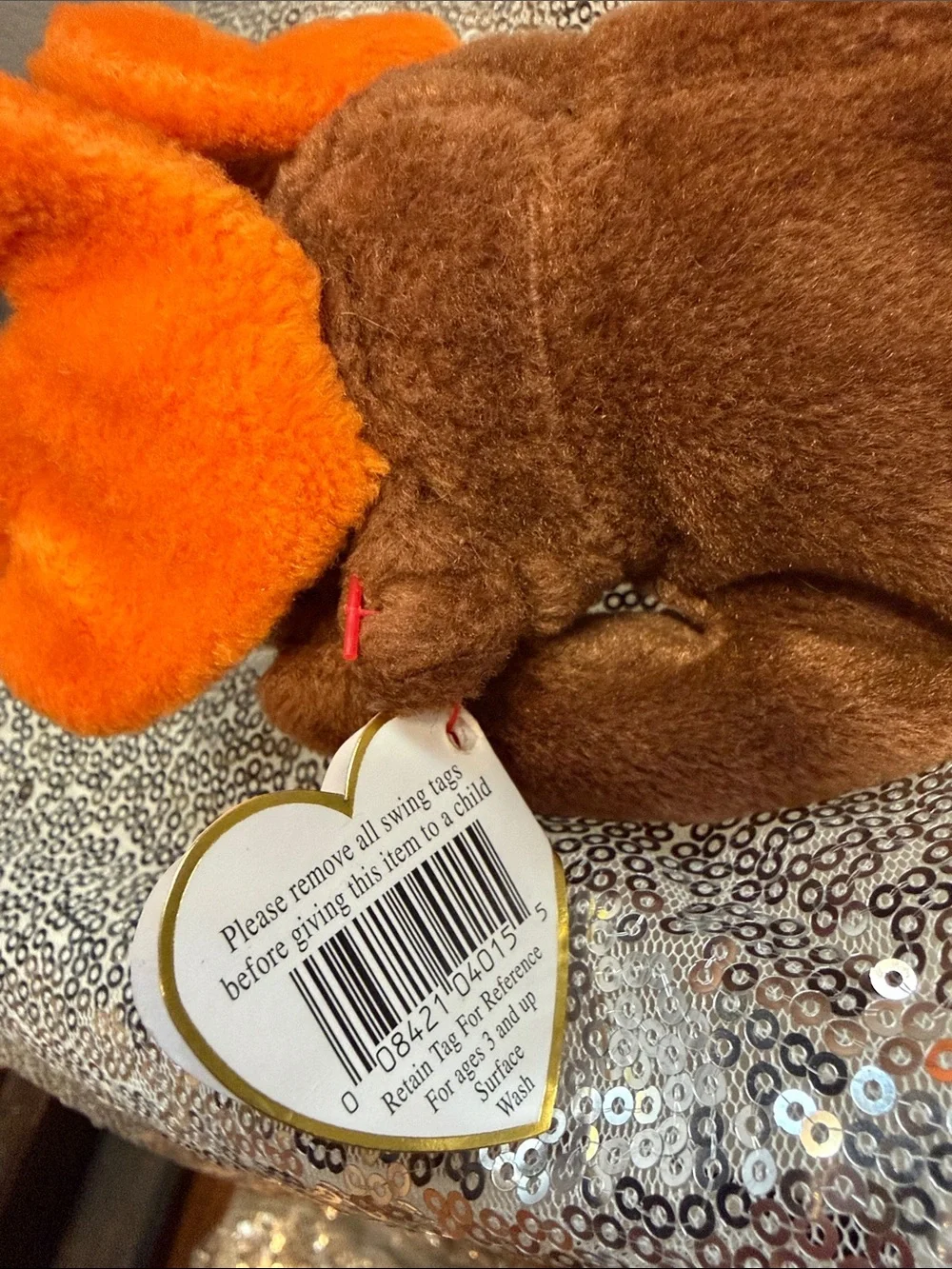 NWT Ty Chocolate the Moose Beanie Baby Plush with Bright Orange Antlers